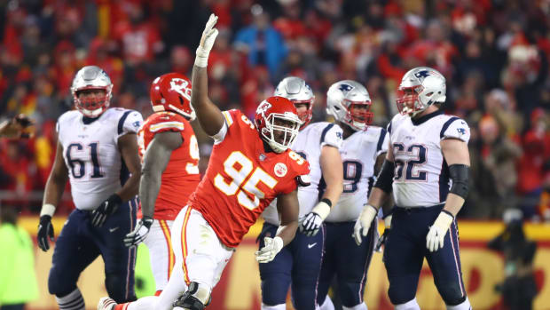 Jan 20, 2019; Kansas City, MO, USA; Kansas City Chiefs defensive end Chris Jones (95) reacts as he celebrates a play against the New England Patriots during the AFC championship game at Arrowhead Stadium. Mandatory Credit: Mark J. Rebilas-USA TODAY Sports